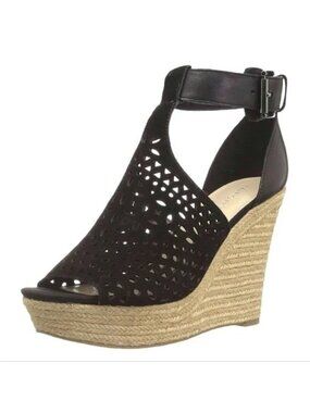 Marc Fisher Black Suede T-Strap Wedge Sandals